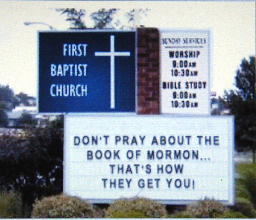 Baptist church sign don't read the Book of Mormon
